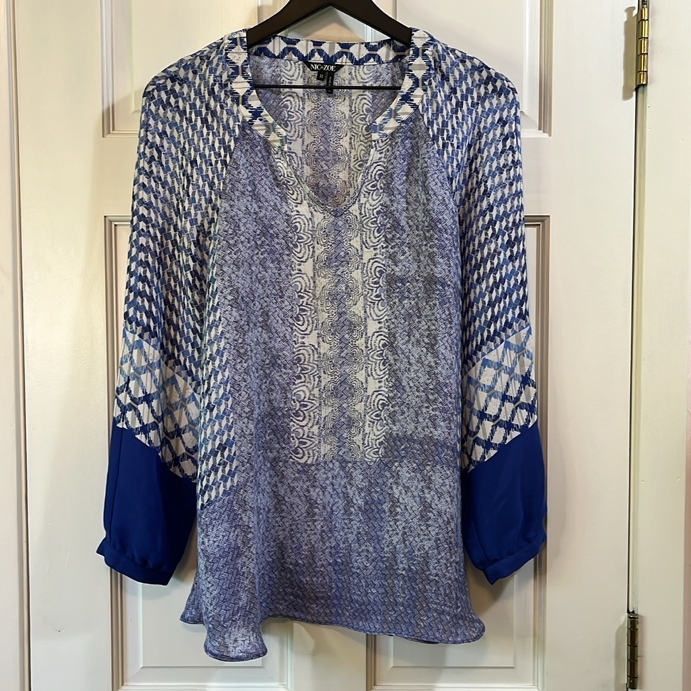 NIC+ZOE Geometric Artsy Printed Balloon Sleeve Sheer Blouse - Size Medium